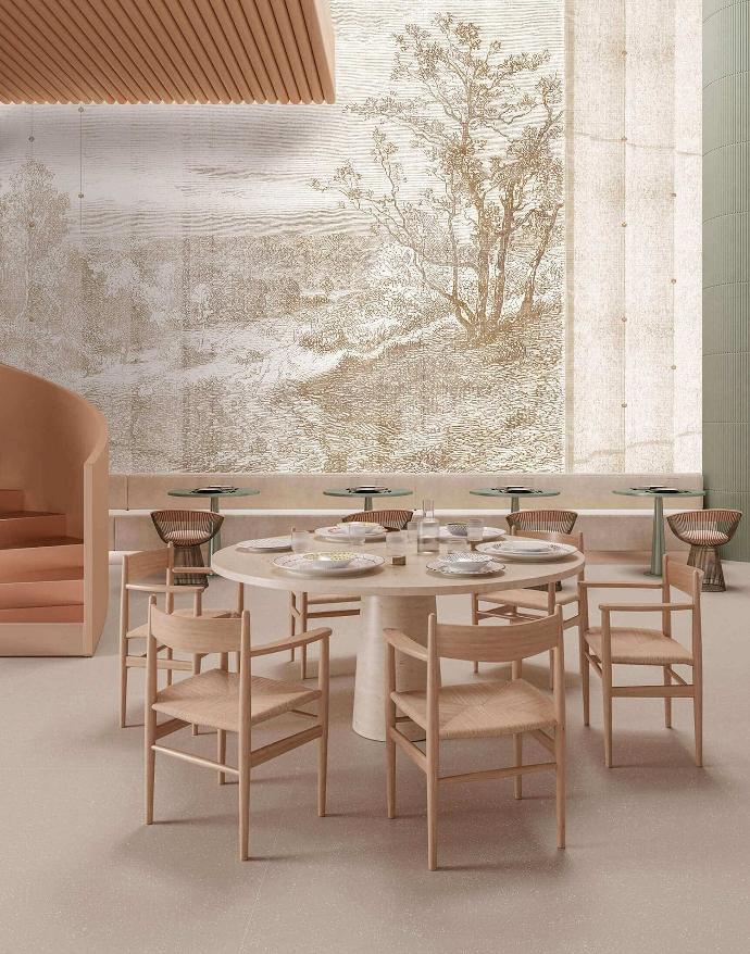 Espace resto minimaliste, chaises chêne, papier peint majestueux chênes séculaires, chemin sinueux, vintage blanc et or, époque lointaine.
