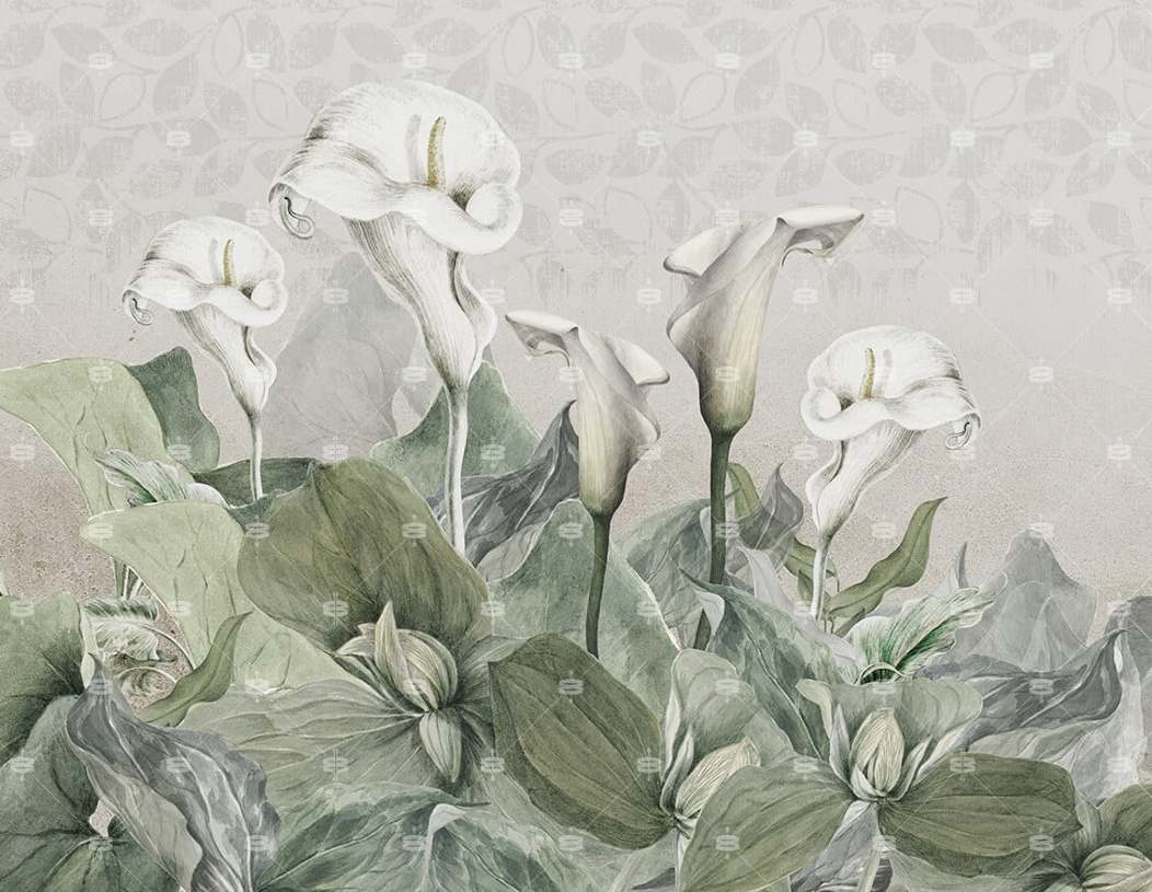 Un élégant papier peint panoramique aux motifs floraux tendance mêlant les tons de vert, de gris, et de beige.