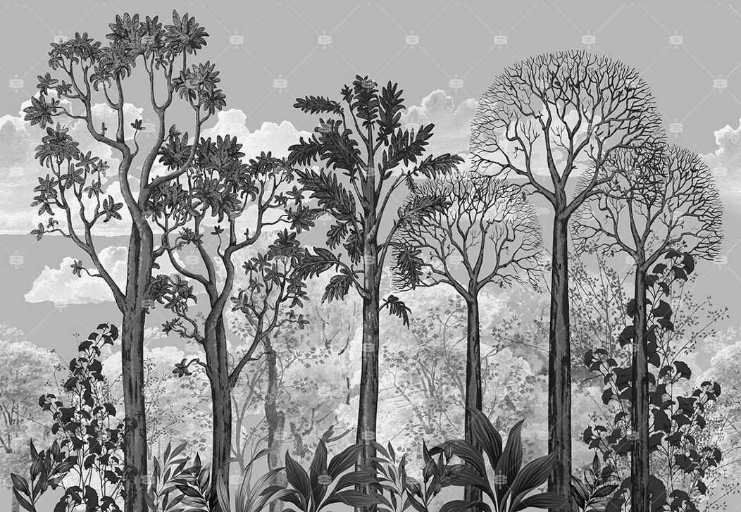un papier peint à la mode illustrant une ambiance jungle avec des tons gris souris, gris foncé et gris acier.