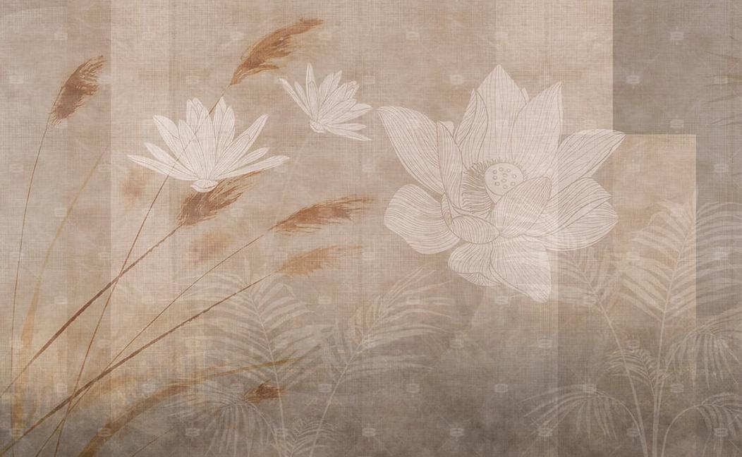  superbe papier peint panoramique illustrant l'art asiatique traditionnel dans des tons de beige et de grège.